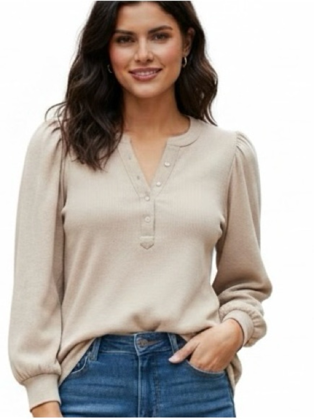 Chico XL Beige Henley Ribbed Textured Top Button Up Placket Sz 3 | EUC